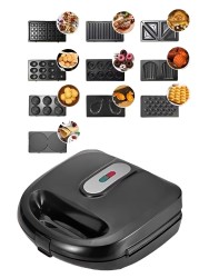 Sprintee 10 in 1 Sandwich Maker 750W Multi Function Machine with Changeable Plates for Waffle, Grill, Donut, Sandwich, 5 Cookie Designs, Nut Shapes, & Cone Maker Non Stick Coating