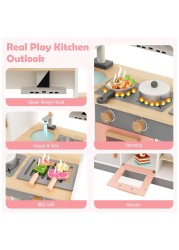 3-in-1 Wooden Kids Kitchen Playset &ndash; Natural Pretend Toy Kitchen with Refrigerator, Barbecue Grill, Range Hood, and Bowl Rack for Toddlers Little Chef Play Set