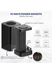 سلك تمديد طاقة البرج 3 في 1 مع شاحن لاسلكي بقوة 15 وات - 6 منافذ تيار متردد - 4 منافذ USB - سلك تمديد بطول 2 متر مع صندوق منظم للكابلات