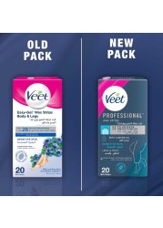 Veet Professional Hair Removal Easy-Gel Legs &amp; Body Wax Strips With Almond Oil For Sensitive Skin Perfect Finish Wipes With Argan Oil Up To 28 Days Of Smoothness, 20 Wax Strips