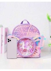 Kids Creative Fashionable Backpack Cartoon Unicorn Sequined Laser Transparent Butterfly Wing Design Double Shoulder Bag