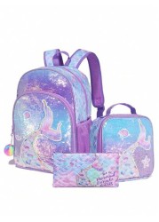 3PCSBackpack Sequined Backpack Shoulder Bag Lunch Box Pencil Case