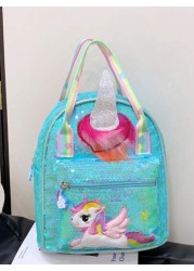 1 Pc New Sequined Material Cute Cartoon Pony Solid Color Girl Backpack Can Be Carried On One Shoulder Smooth Zipper Opening And Closing Sweet And Exquisite Elegant And Stylish Suitable For School Trav