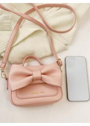 1pc New Fashionable Chic Handbag Solid Color Sweet Bow PU Small Square Shoulder Bag