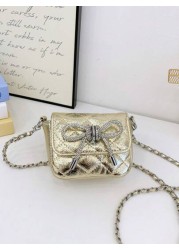 1pc Pu Magnetic Opening And Closing Fashion Sweet Bow Solid Color Diamond Grid Crossbody Mini Square Bag Korean French Exquisite Aesthetic Niche Design Chain Shoulder Crossbody Bag Versatile Casual Hi