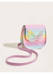 1pc Girls Cute Glitter Butterfly Flap Rainbow Plaid PU Crossbody Bag Suitable For Daily Use