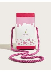 1pc Kids Pink Strawberry Cow Print PU Milk Carton Cute Cartoon 3D Fashion One Shoulder Crossbody Bag Suitable For Daily Use