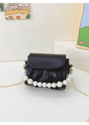 1pc Fashionable Sweet Pearl Chain Shoulder Messenger Bag Fashionable Pleated Underarm Bag Korean Version Of Hand Held Cute Girl Bag Pu Pleated Design Pearl Handbag High Grade Solid Matching Suitable F