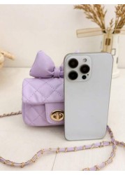 1pc Kids Bow Decor Coin Purse Embroidered Rhombus Mini Bag With Chain Fashionable Girls Crossbody Bag