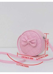 1pc Girl Pink PU Shoulder Bag With Bowknot Decor Fashionable Casual Small Round Crossbody Bag With Zipper Closure Suitable For Daily Use All Season