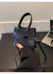 1pc New Fashion Stone Simple Hand Held Shoulder Crossbody Small Square Bag Elegant Mini Solid Color Crocodile Pattern Western Style Personalized Retro Aesthetic Casual Shoulder Crossbody Hand Held Sma