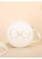 1pc Girl s White PU Shoulder Bag Fashionable Cute Bow Design Small Round Bag With Rhombus Embroidery Fits For Phone And Coins Zippered Closure Suitable For All Seasons