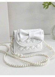 1pc Young Girl Casual Fashion Bowknot Rhombus Embroidery Thread Pearl Chain Crossbody Bag Suitable For Daily Use