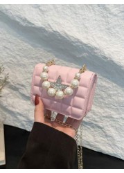 1pc Pu Fashion Simple Sweet Diamond Lattice Pearl Five Pointed Star Hand Held Evening Party Square Bag Niche Design Chain Shoulder Strap Comfortable And Versatile One Shoulder Crossbody Smooth And Not