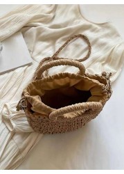 1pc Straw Bag With Faux Flower Half Moon Shaped Women Handbag Woven Crossbody Small Bag Beach Bag