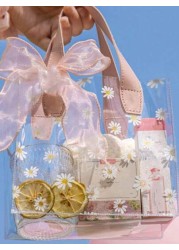1pc Summer Daisy PVC Transparent Tote Bag Fresh Flower Printed Jelly Bag With Delicate Bowknot Gift Bag