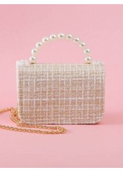 1pc Mini Girls Bowknot Pearl Lace PU Metallic Chain Flap Cover Cute Handbag Shoulder Bag Children Snack Bag For Casual Outings And Holidays