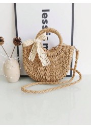 1pc Girls Beach Style Handbag Casual One Shoulder Crossbody Drawstring Top Tote Handmade Woven Butterfly Decor Straw Bag