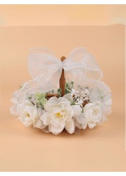 1pc Beautiful Bowknot Ribbon Flower Girl Basket For Wedding Woven Flower Girl Petal Toss Basket