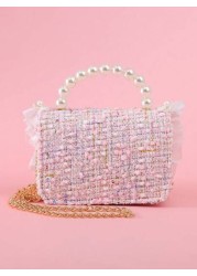 1pc Girls Ruffle Flower Leaf Metal Decor Pearl Sticker PU Wool Felt Multi Function Chain Closure Casual Beaded Handbag Children Princess One Shoulder Crossbody Bag Suitable For Holidays And Daily Use