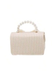Straw Crossbody Bag Portable Faux Pearl Beaded Lace Bow Decor Handbag Ideal Gift Choice