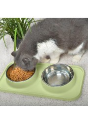 MahMir&reg; Cat Food and Water Bowls, Bowls Non-Skid and Non-Spill Silicone Mats with Stand, Removable Stainless Steel Water Dishes for Cats, Small Size Dogs (Olive Green)