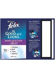 Felix As Good As It Looks Mixed Selection In Jelly Cat Food, 40 Pouch Jumbo Pack with Salmon, Chicken, Beef and Tuna 40 x100g,