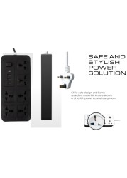 Sprinters - Universal Extension Socket 2 Meter Wire 6 AC Outlets 3 USB Ports 1 USB-C Port UK Plug 3 Pin Socket Outlet Surge Protector Power Strip for Home, Office, and Electronics (Black)