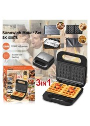 3 in 1 Sandwich Maker with Interchangeable Plates Waffle, Grill, and Sandwich Press 1200W Non Stick Coating, Easy to Clean