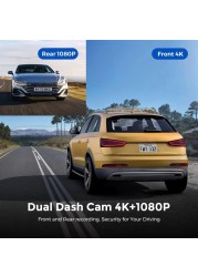 كاميرا ذكية 4K WiFi GPS - كاميرا أمامية وخلفية للسيارة مع تطبيق، كاميرا 4K Ultra HD Dash، إعداد USB سهل، تسجيل متكرر، رؤية ليلية، وضع وقوف السيارات