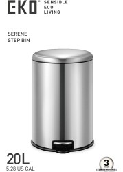 EKO 20L Pedal Bin Serene - Silver Large Capacity Step Round Bin with Soft-Close Lid Fingerprint-Resistant Finish Removable Inner Liner Bag Stabilizer