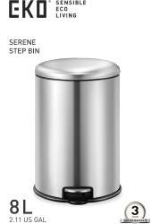 EKO 8L Pedal Bin Serene - Silver Compact Step Round Bin with Soft-Close Lid Fingerprint-Resistant Finish Removable Inner Liner Bag Stabilizer