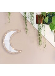 Wooden Crescent Moon Ramadan Decorative Mirror with LED Lights 30x22cm