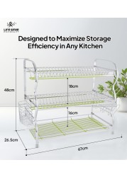 Life Smile Stainless Steel Dish Rack - 3 Tier with Utensils and Glass Holder Long Lasting and Durable