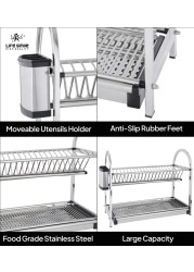 LIFE SMILE Dish Rack - 2 Tier Countertop Dish Drying Stand With Removable Drip Tray - 18/10 Stainless Steel with Removable Utensil Holder - Anti Slip and Rust Proof Dish Drainer