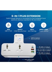Caroski - سلك تمديد البرج - 6 مقبس طاقة مع 4 محطة شاحن USB - مستلزمات مكاتب متعددة اللوازم مثبطات Fire -Plug Cable (امتداد T)