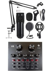 Mike Music Multifunctional Live Sound Card &amp; Bm800 Suspension Microphone Kit Broadcasting Condenser Microphone Set With Blutooth (Sound Card Full Set, Black)