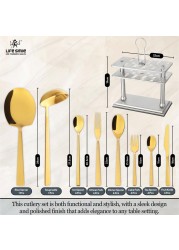 LIFE SMILE Cutlery Set, 18/10 Pure Stainless Steel Flatware Set with Stand, Rust Proof &amp; Fade Proof Dinnerware Set (SHINE GOLD &amp; SAND BLASTING HANDLE, 38 Pieces)