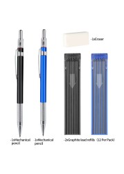 Aitikili 2mm Mechanical Pencil Set 2 Pieces Artist Carpenter Drafting Pencils 20 mm with 2 Tube Lead Refill HB 2B Art Lead Holder Metal Marker for Draft Drawing Writing Art Sketching