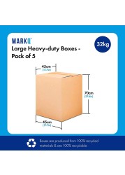 Markq [5 Pack] Large Double Wall 100% Recyclable Corrugated Cardboard Moving Boxes with 32 KG Capacity, 45 x 45 x 70 cm Brown Carton for Packaging, Shipping and Storage, 5 ply
