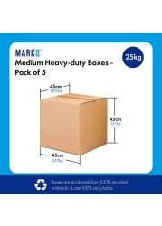 Markq [5 Pack] Medium Double Wall 100% Recyclable Corrugated Cardboard Moving Boxes with 25 KG Capacity, 45 x 45 x 45 cm Brown Carton for Packaging, Shipping and Storage, 5 ply