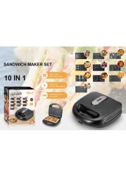 Sprintee 10 in 1 Sandwich Maker 750W Multi Function Machine with Changeable Plates for Waffle, Grill, Donut, Sandwich, 5 Cookie Designs, Nut Shapes, & Cone Maker Non Stick Coating