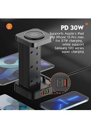 سلك تمديد طاقة البرج 3 في 1 مع شاحن لاسلكي بقوة 15 وات - 6 منافذ تيار متردد - 4 منافذ USB - سلك تمديد بطول 2 متر مع صندوق منظم للكابلات