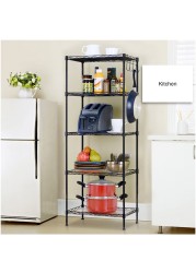 Generic-5 Tier Wire Shelves Heavy Duty Height Adjustable Storage Wire Shelf Shelving Rack Microwave Stand with 4 Side Hooks Leveling Feet