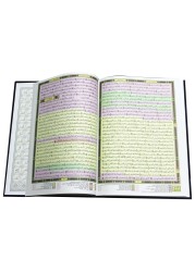 An objective, unanimous prayer book with velvet, the Qur&rsquo;an for standing up with the substantive division of the verses of the Holy Qur&rsquo;an, the Mushaf for standing up in dark blue
