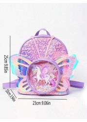 Kids Creative Fashionable Backpack Cartoon Unicorn Sequined Laser Transparent Butterfly Wing Design Double Shoulder Bag