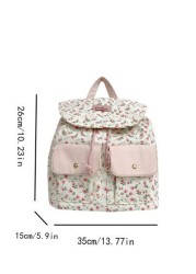 1pc Girl s Ditsy Floral Canvas Backpack Drawstring Closure Fresh Cute Casual Lightweight Bag With Large Capacity Suitable For Daily Use