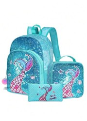 3PCSBackpack Sequined Backpack Shoulder Bag Lunch Box Pencil Case