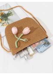 New Straw Bag For Girls Lightweight Fashionable Suitable For Beach Travel Shopping Decorated With Cute Pink Flowers Girl Crossbody Phone Bag