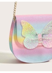 1pc Girls Cute Glitter Butterfly Flap Rainbow Plaid PU Crossbody Bag Suitable For Daily Use